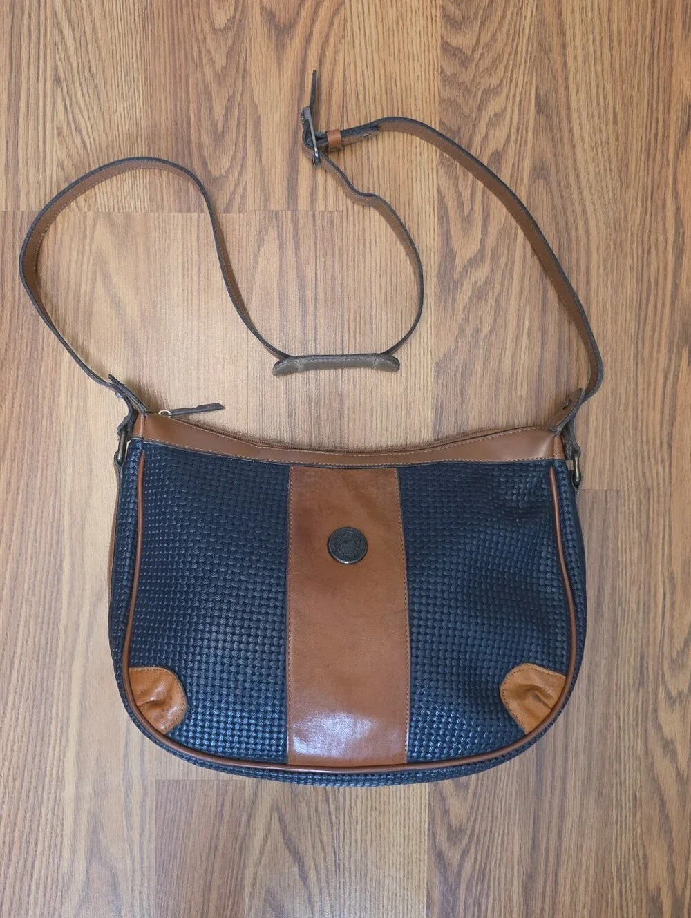 Vintage John Romain Navy Blue Tan Two Tone Shoulder Bag Crossbody Purse Textured